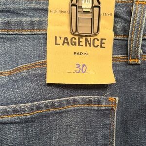 L'AGENCE Women’s Slim Straight Denim Jeans in Blue with Contrast Stitching ankle